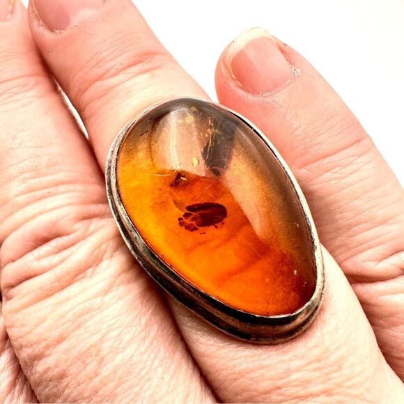 Antique Art Nouveau Vintage Natural Amber Sterling Silver Ring Size 6
